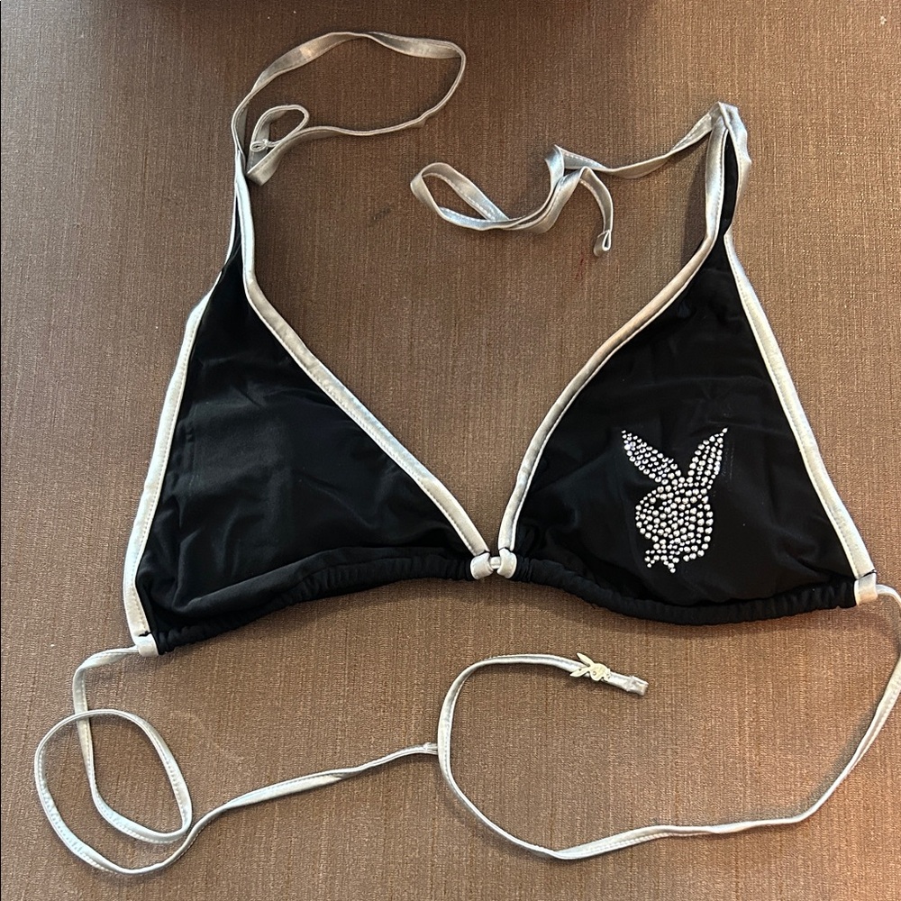 PLAYBOY Black Bikini Top with Rhinestone Accents Small
